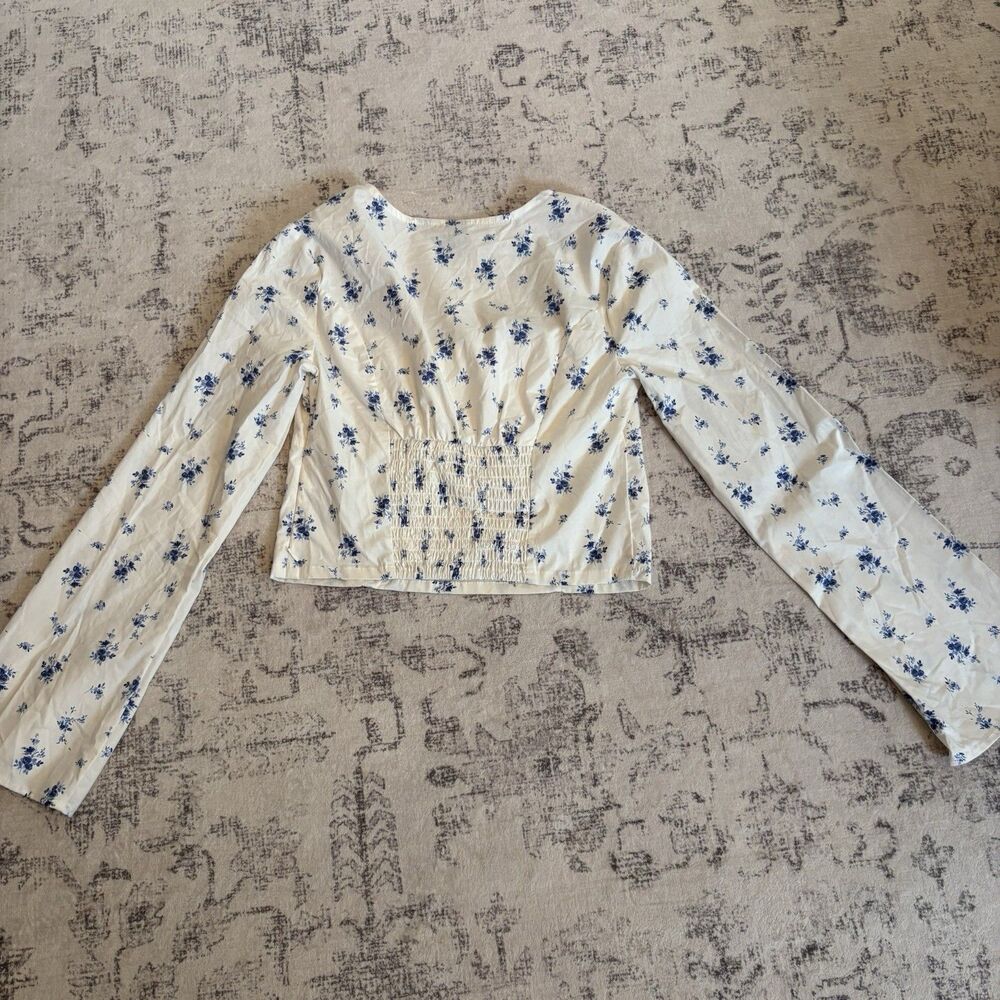 Wild Fable Long Sleeve Cotton Babydoll Top Medium Floral Milkmaid Prairie Beach - Picture 2 of 7